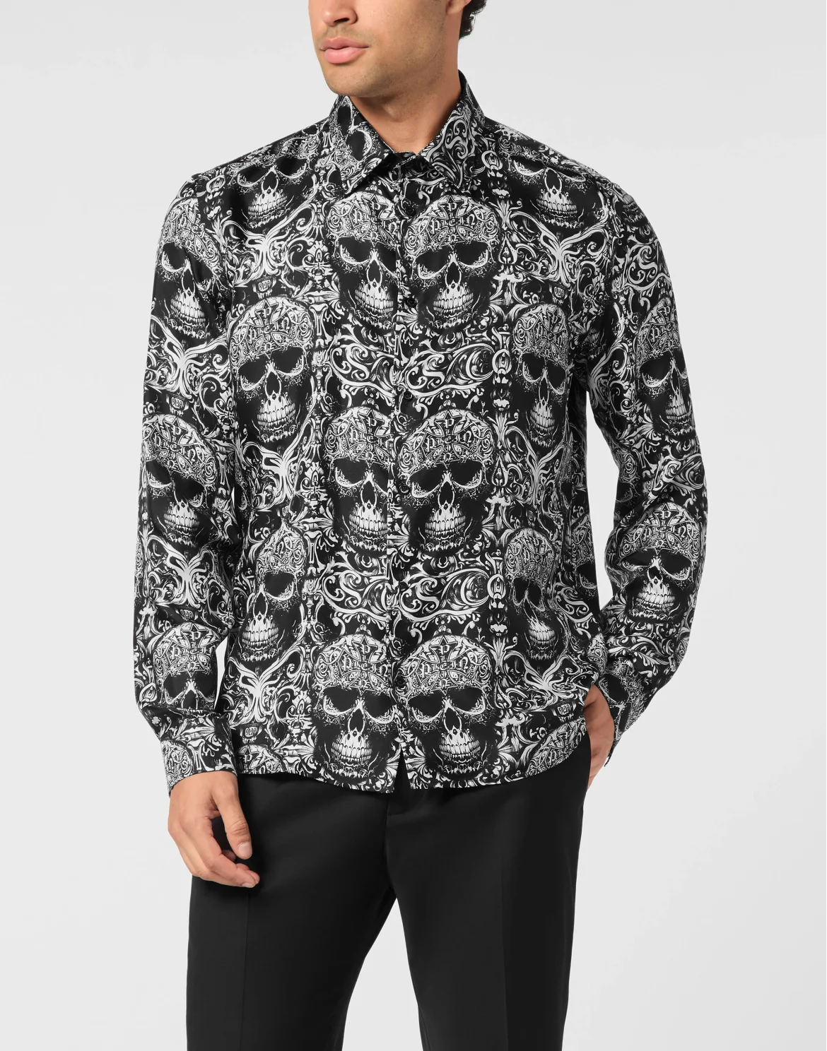 Printed Silk Shirt All Over Skull, цвет: Черный