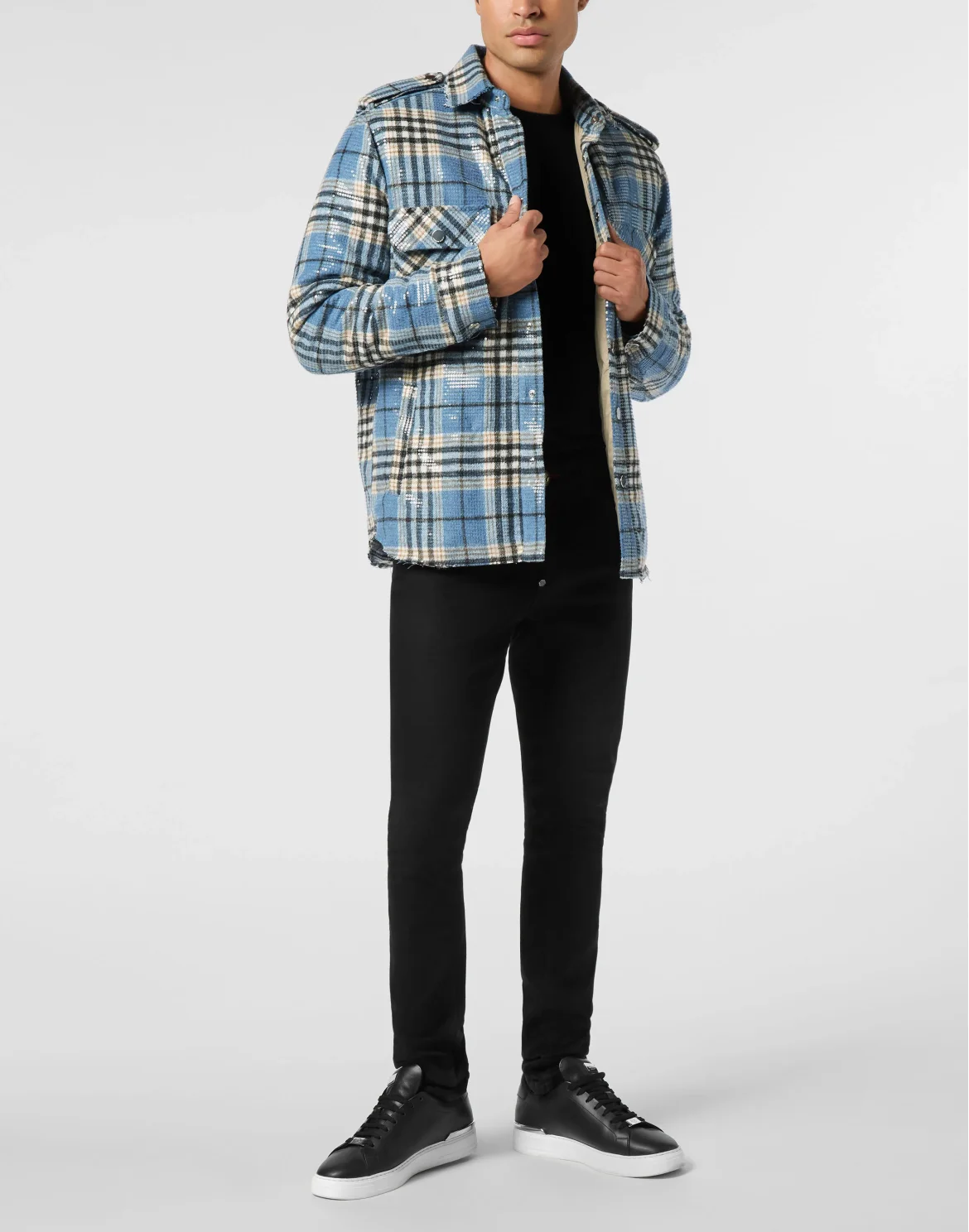 Destroyed Tartan Overshirt Pailletes, цвет: Синий