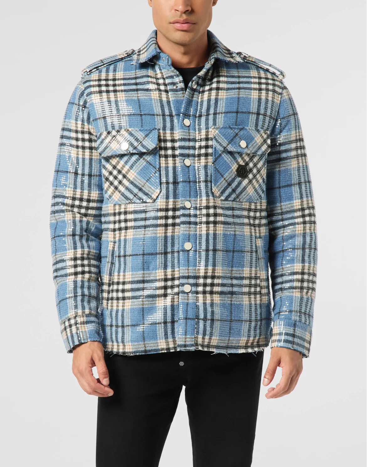 Destroyed Tartan Overshirt Pailletes, цвет: Синий
