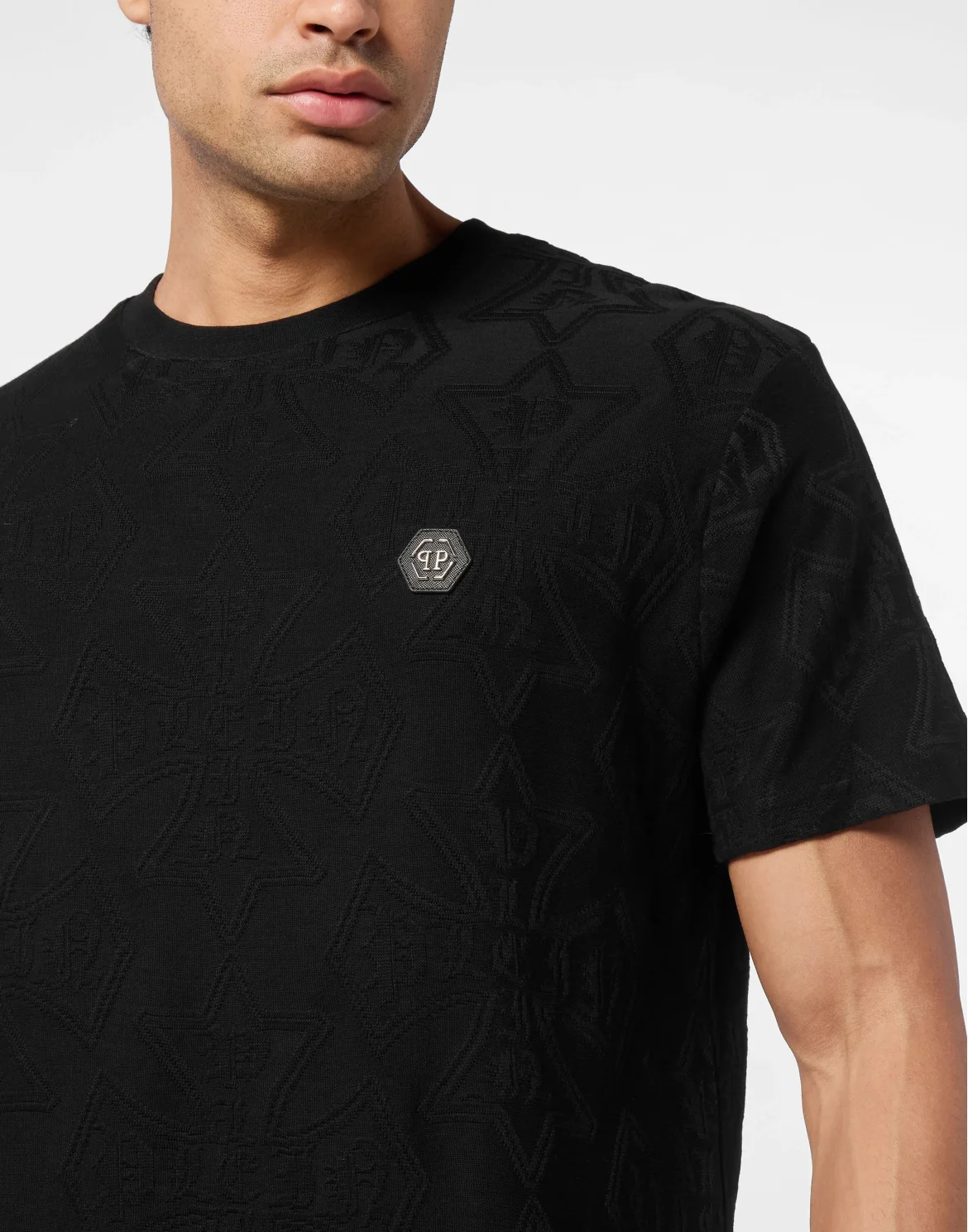 Round Neck Jacquard T-Shirt Crest, цвет: Черный