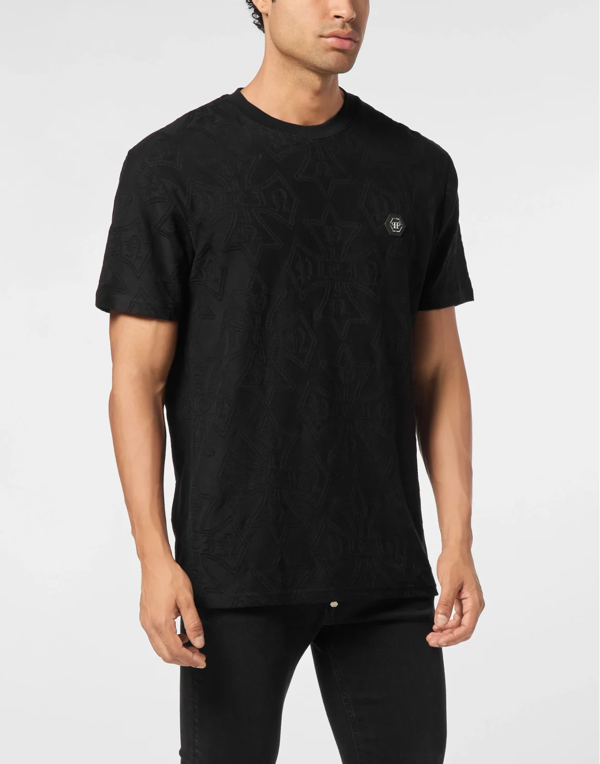 Round Neck Jacquard T-Shirt Crest, цвет: Черный