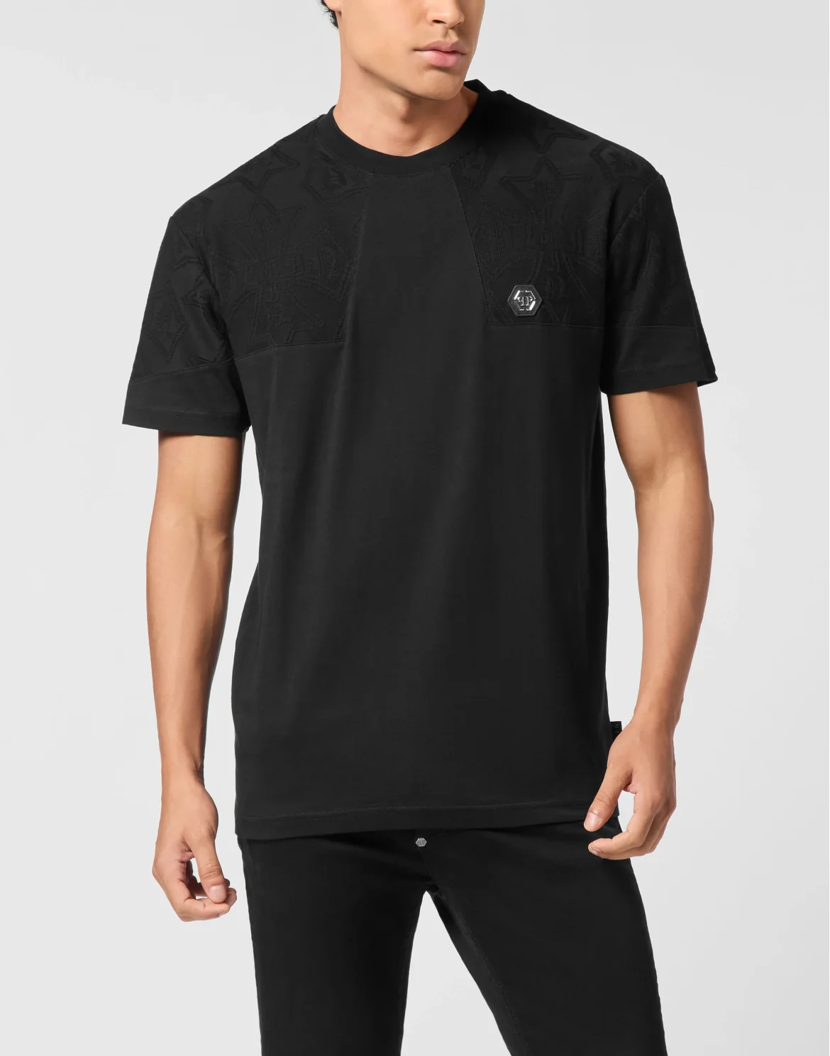 Round Neck T-Shirt Jacquard Crest Cut, цвет: Черный