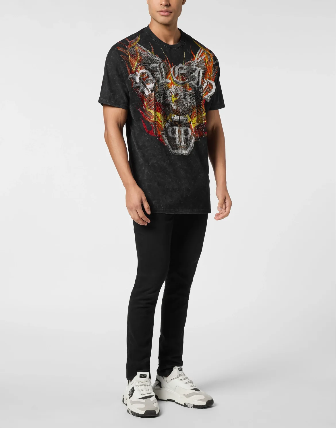 Washed Kimono Cut T-Shirt Eagle Crystal, цвет: Черный