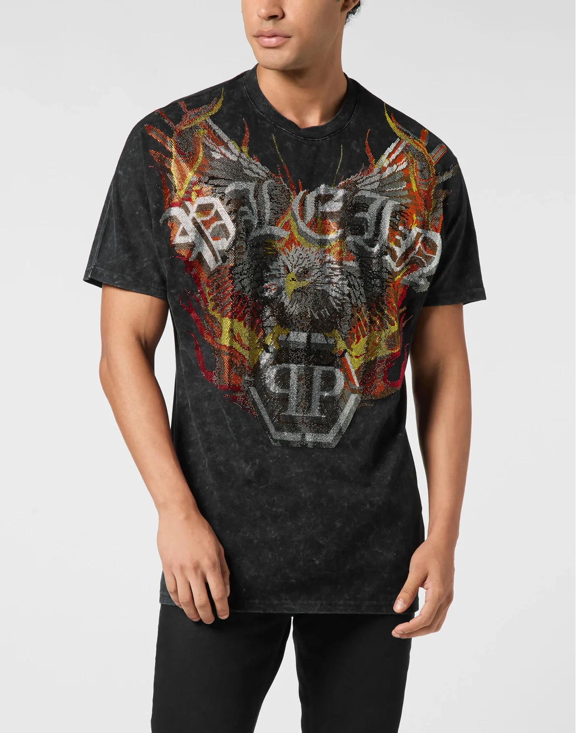 Washed Kimono Cut T-Shirt Eagle Crystal, цвет: Черный