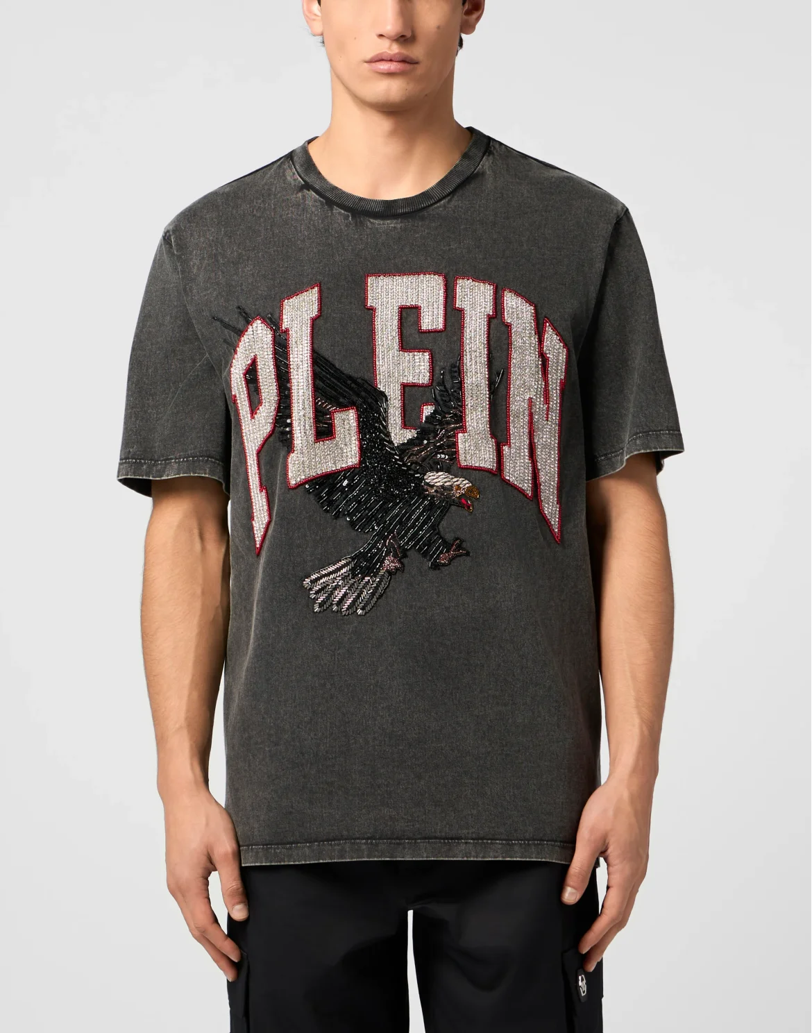 Washed Round Neck T-Shirt Plein Eagle, цвет: Черный