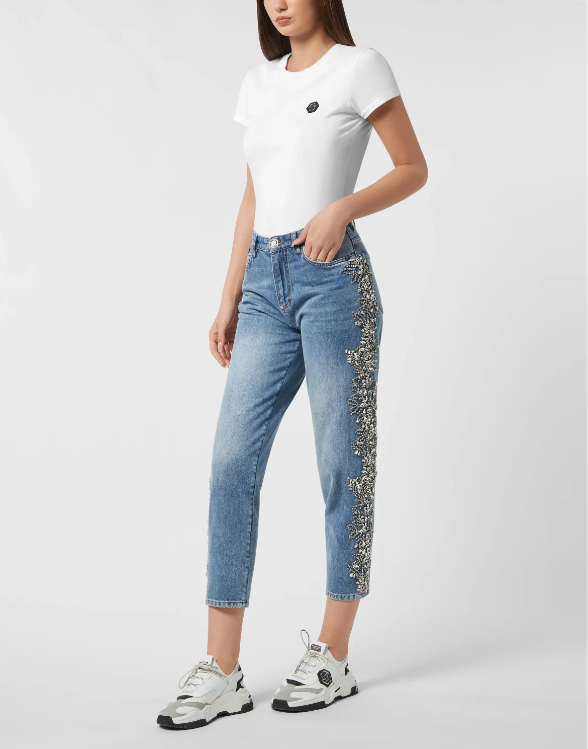 Mom Jeans Application Crystal, цвет: Темно-синий деним