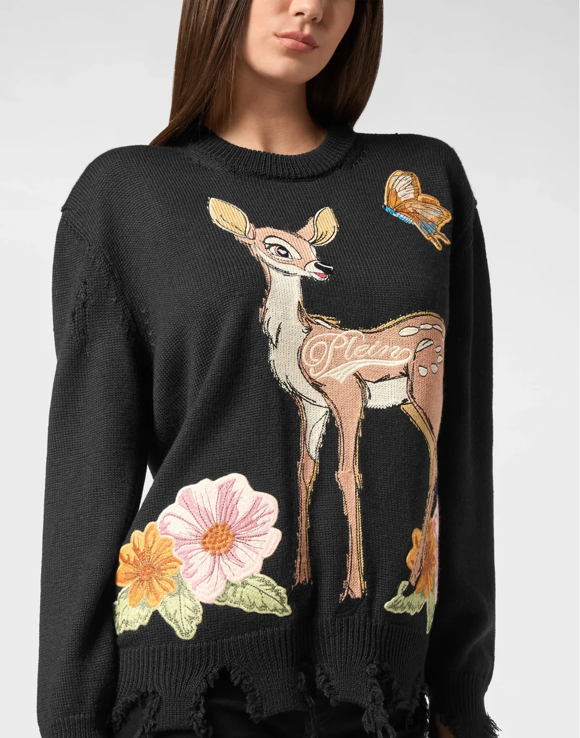 Destroyed Roundneck Pullover with Embroidery Fairy, цвет: Черный
