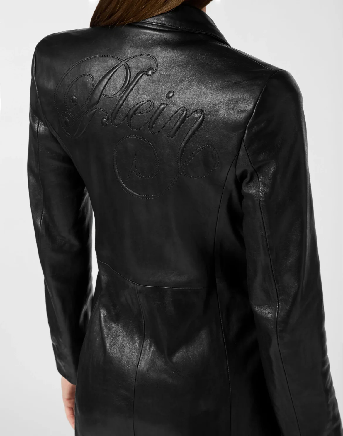 Double-Breasted Leather Long Coat Embossed Signature, цвет: Черный