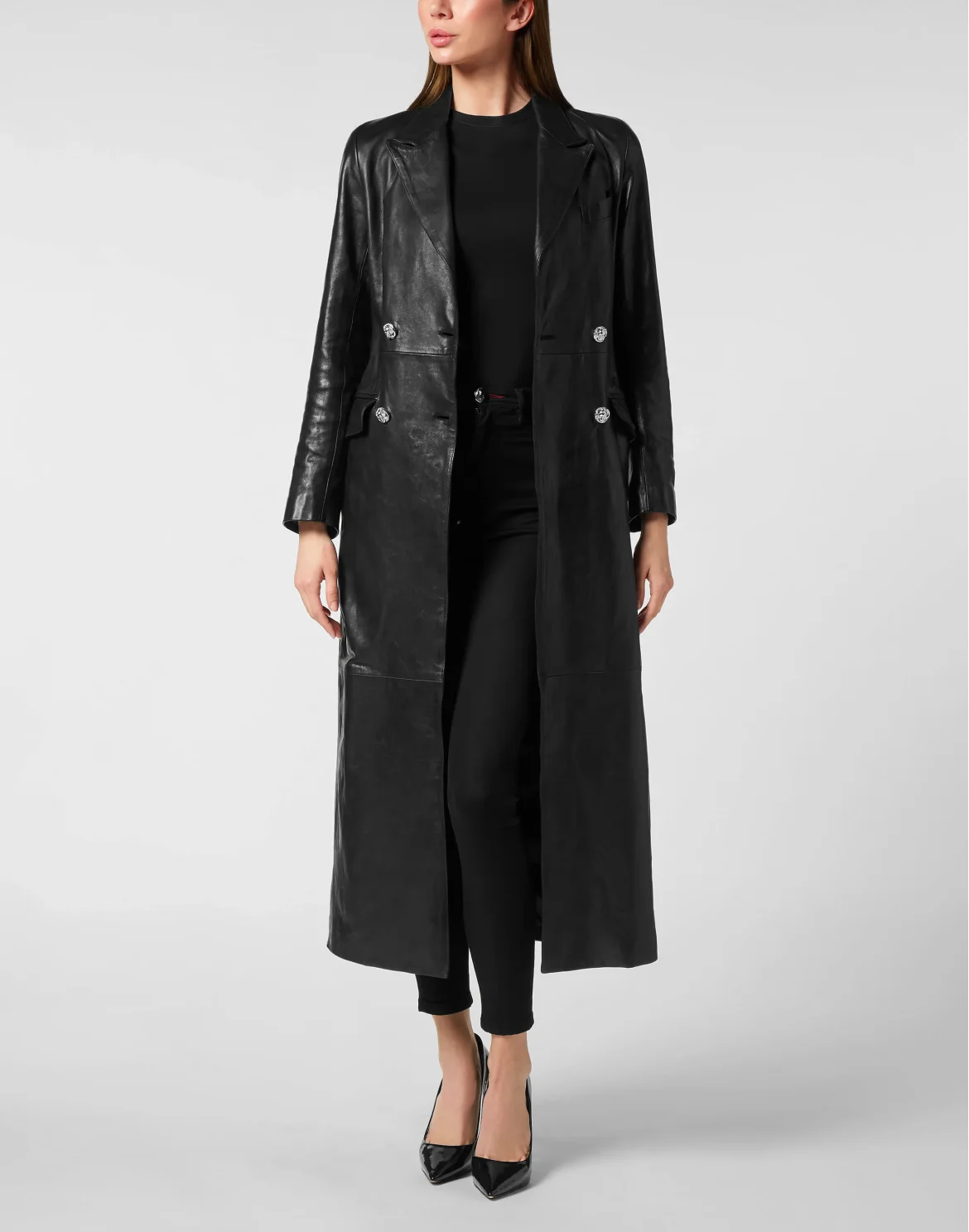 Double-Breasted Leather Long Coat Embossed Signature, цвет: Черный