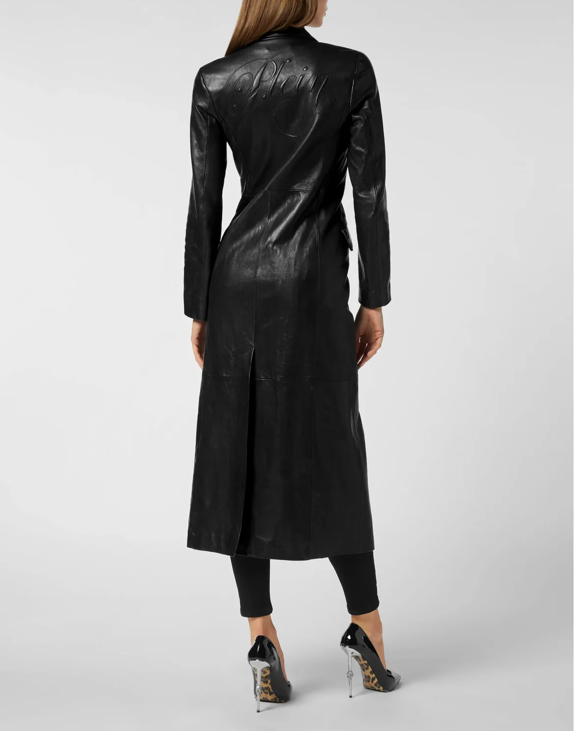 Double-Breasted Leather Long Coat Embossed Signature, цвет: Черный