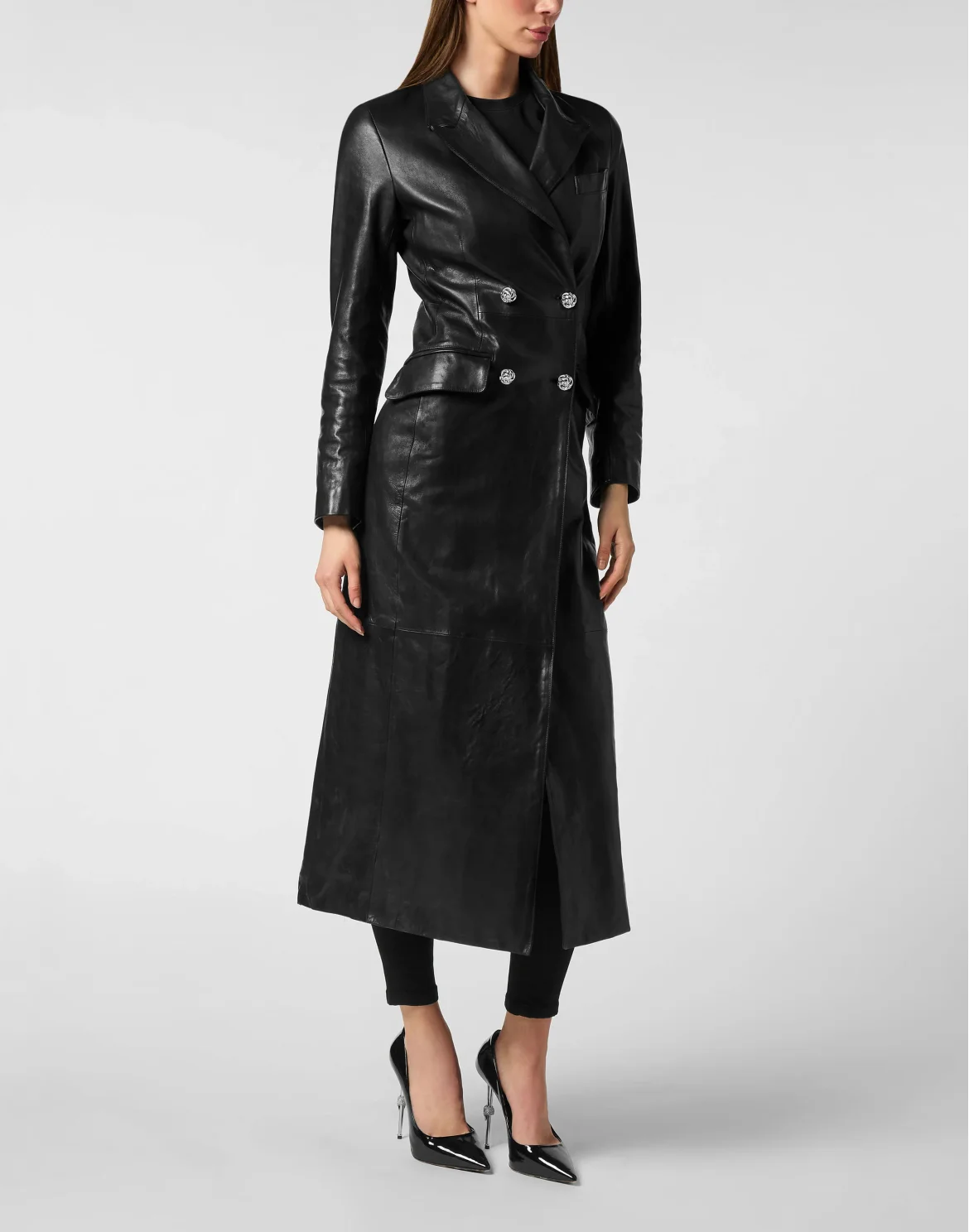 Double-Breasted Leather Long Coat Embossed Signature, цвет: Черный