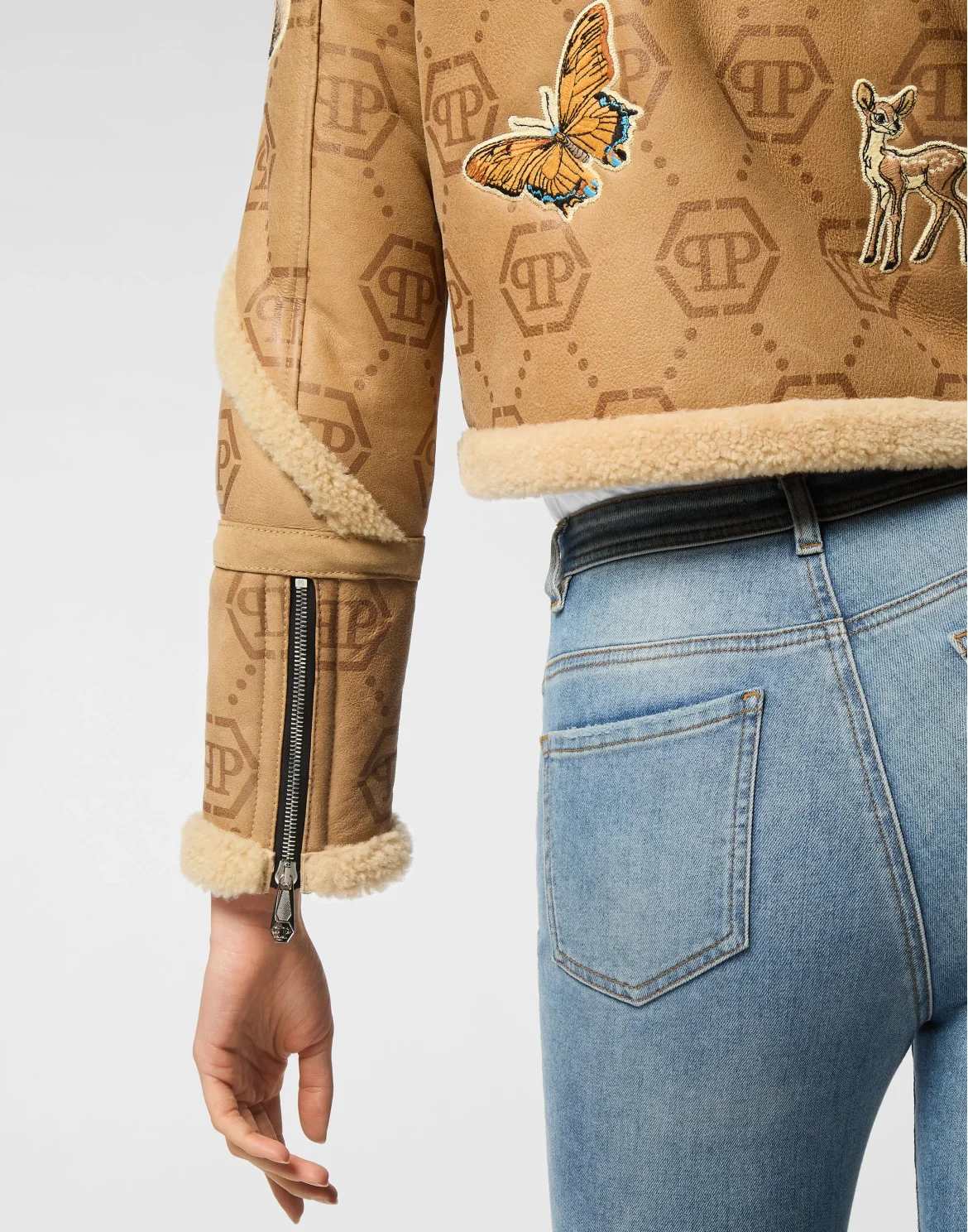 Cropped Embroidered Leather and Shearling Jacket Monogram, цвет: Бежевый