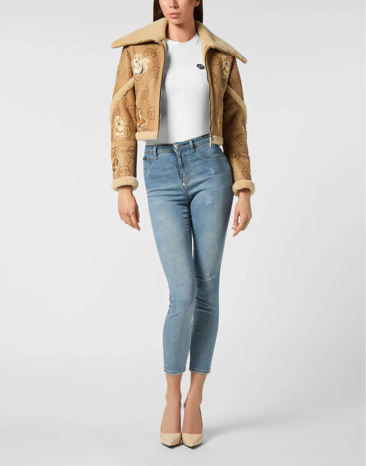 Cropped Embroidered Leather and Shearling Jacket Monogram, цвет: Бежевый