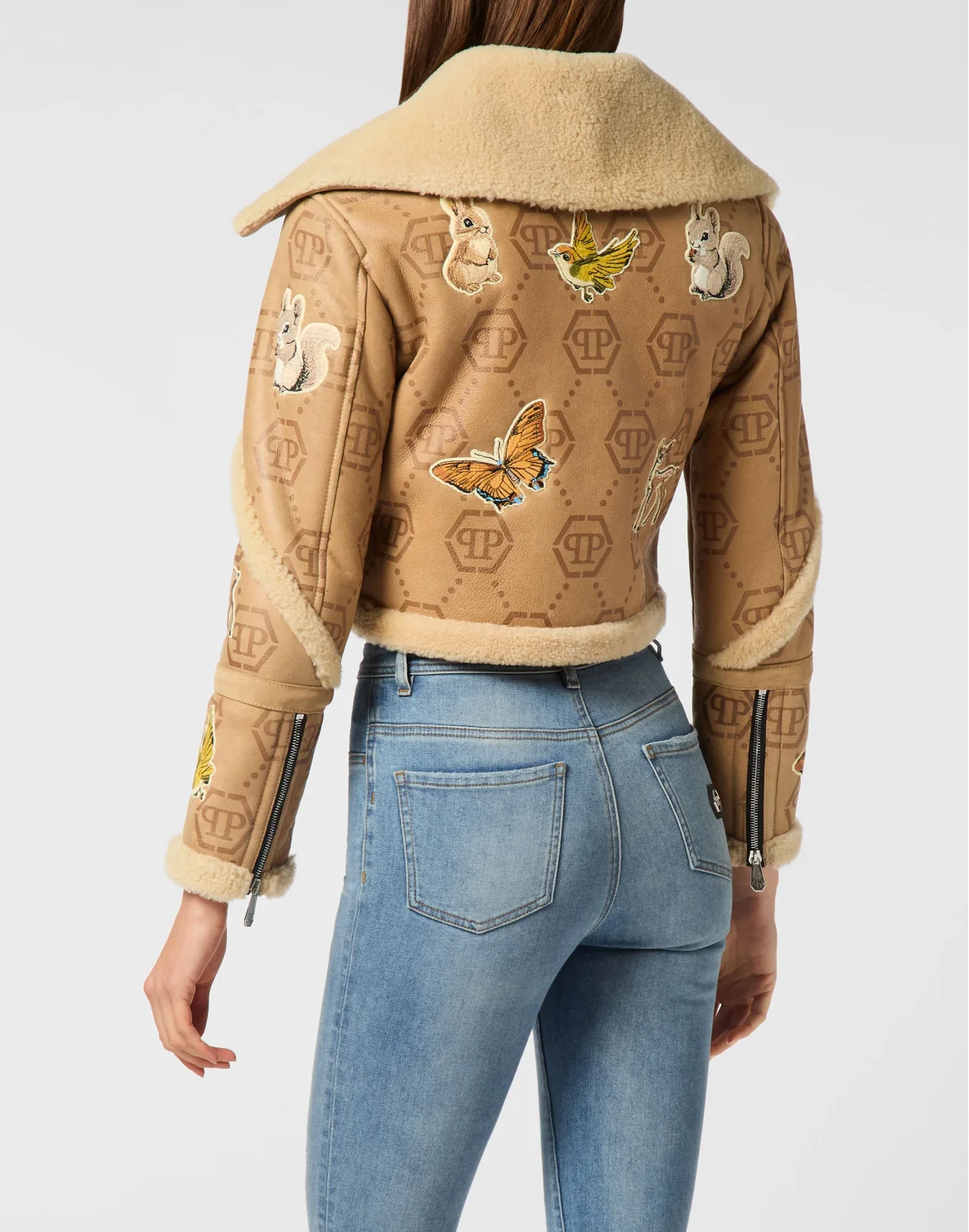 Cropped Embroidered Leather and Shearling Jacket Monogram, цвет: Бежевый