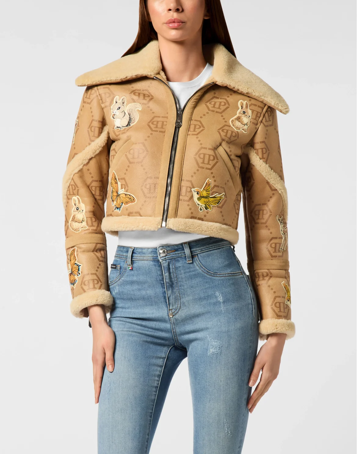 Cropped Embroidered Leather and Shearling Jacket Monogram, цвет: Бежевый