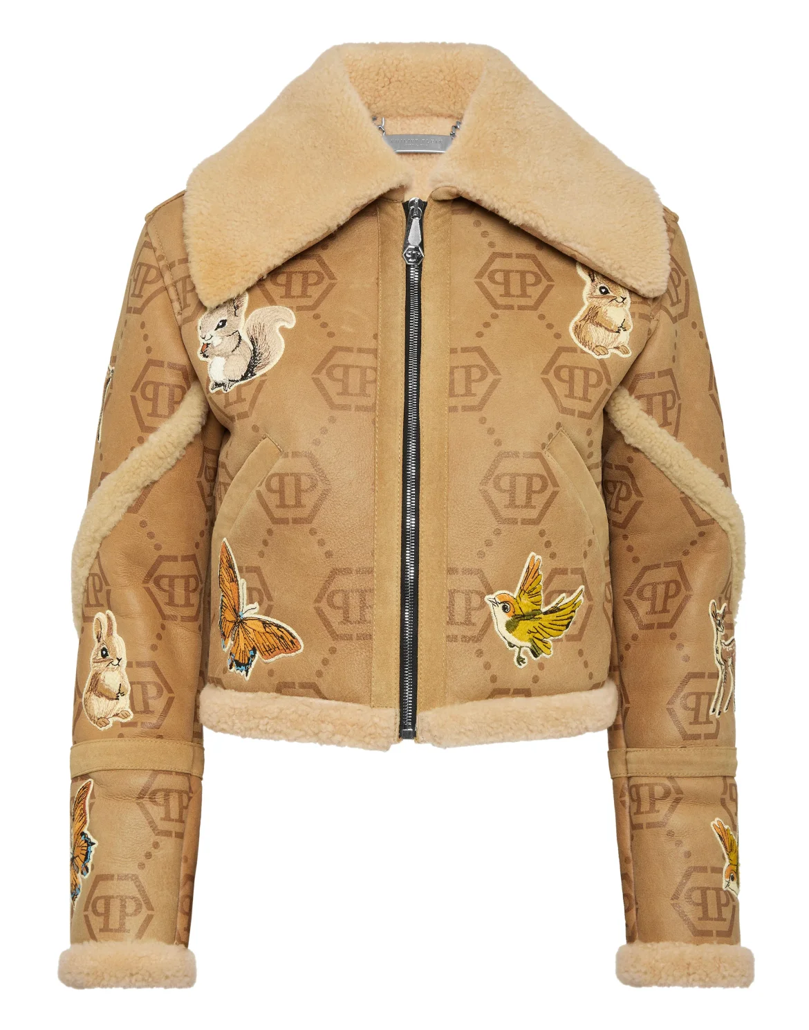 Cropped Embroidered Leather and Shearling Jacket Monogram, цвет: Бежевый
