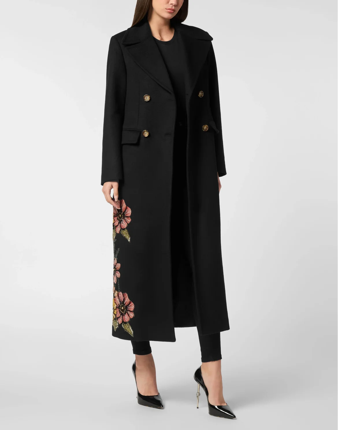 Double-Breasted Embroidered Long Coat Fairy, цвет: Черный