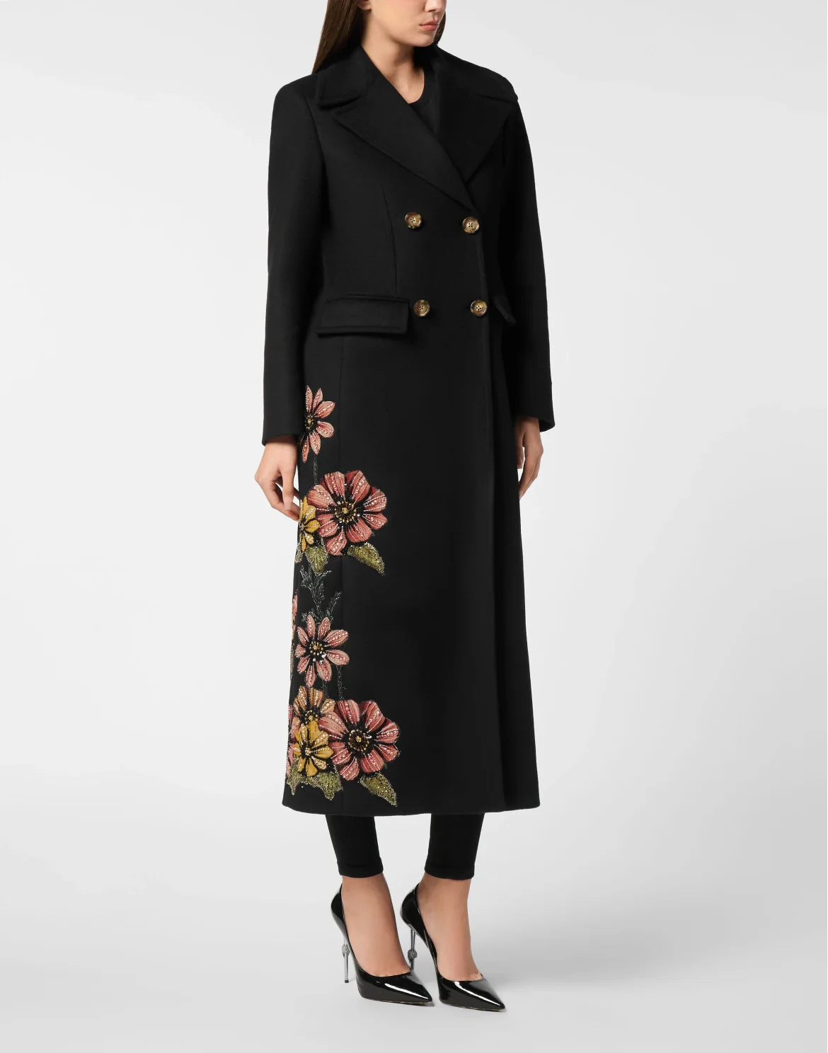 Double-Breasted Embroidered Long Coat Fairy, цвет: Черный