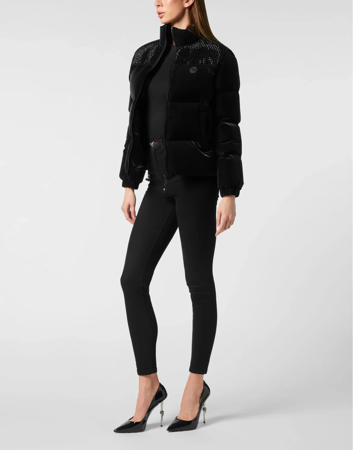 Nylon and Suede Puffer Jacket Strass, цвет: Черный