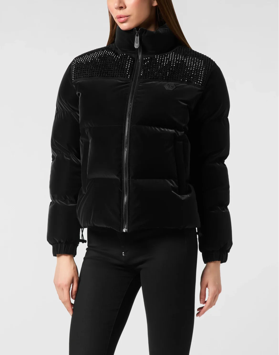 Nylon and Suede Puffer Jacket Strass, цвет: Черный