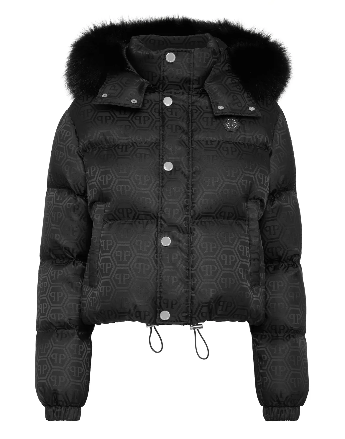 Cropped Nylon Down Jacket Monogram with Fox Fur, цвет: Черный