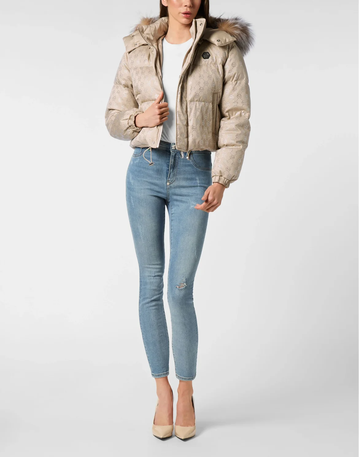 Cropped Down Jacket with Fur Collar Monogram Strass, цвет: Бежевый