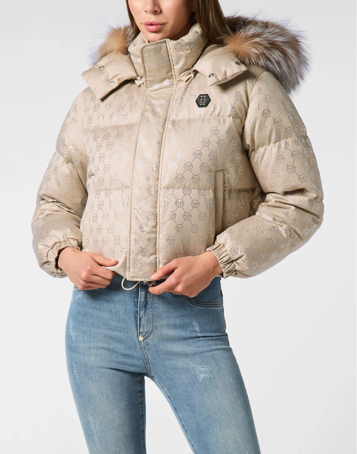 Cropped Down Jacket with Fur Collar Monogram Strass, цвет: Бежевый