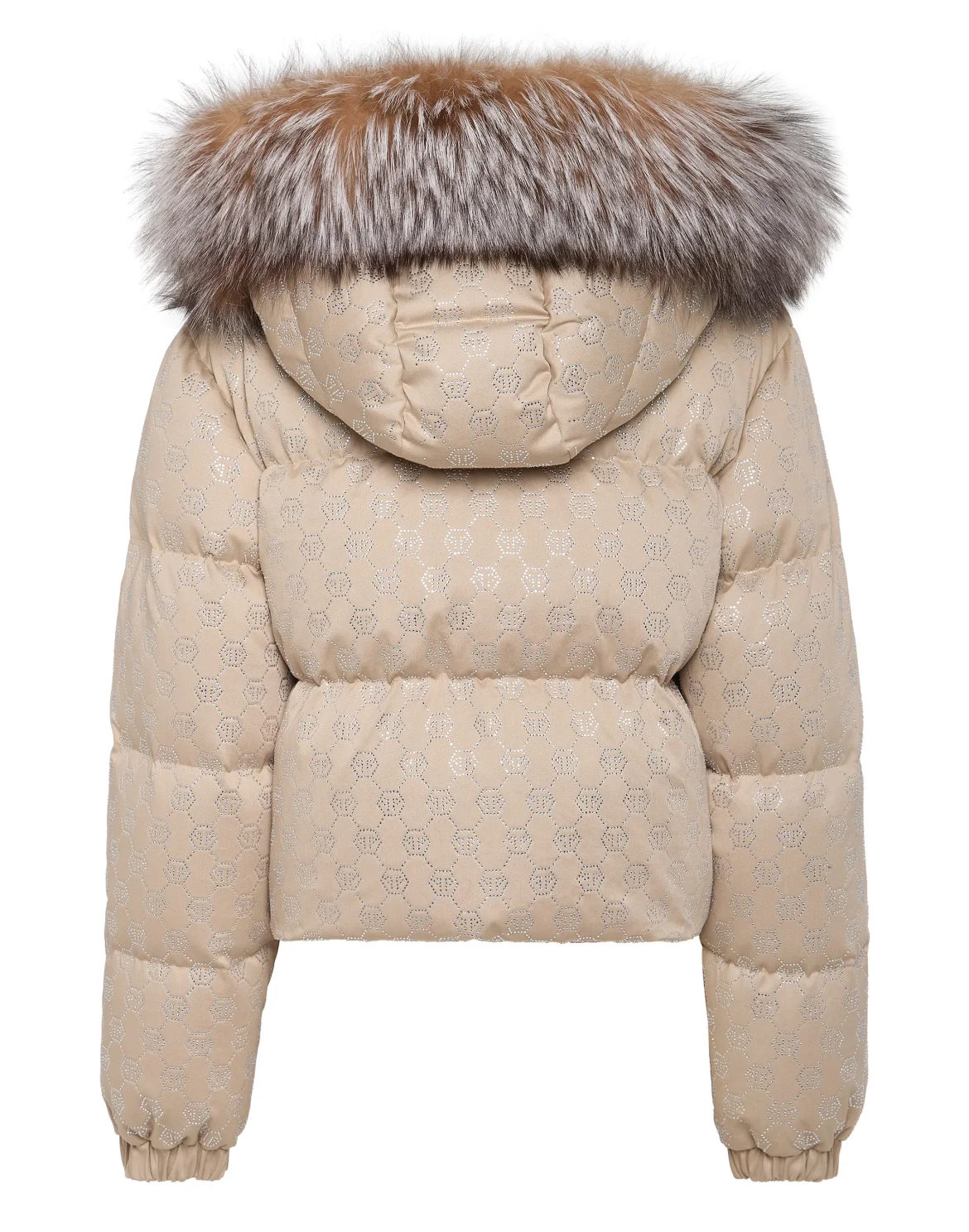 Cropped Down Jacket with Fur Collar Monogram Strass, цвет: Бежевый