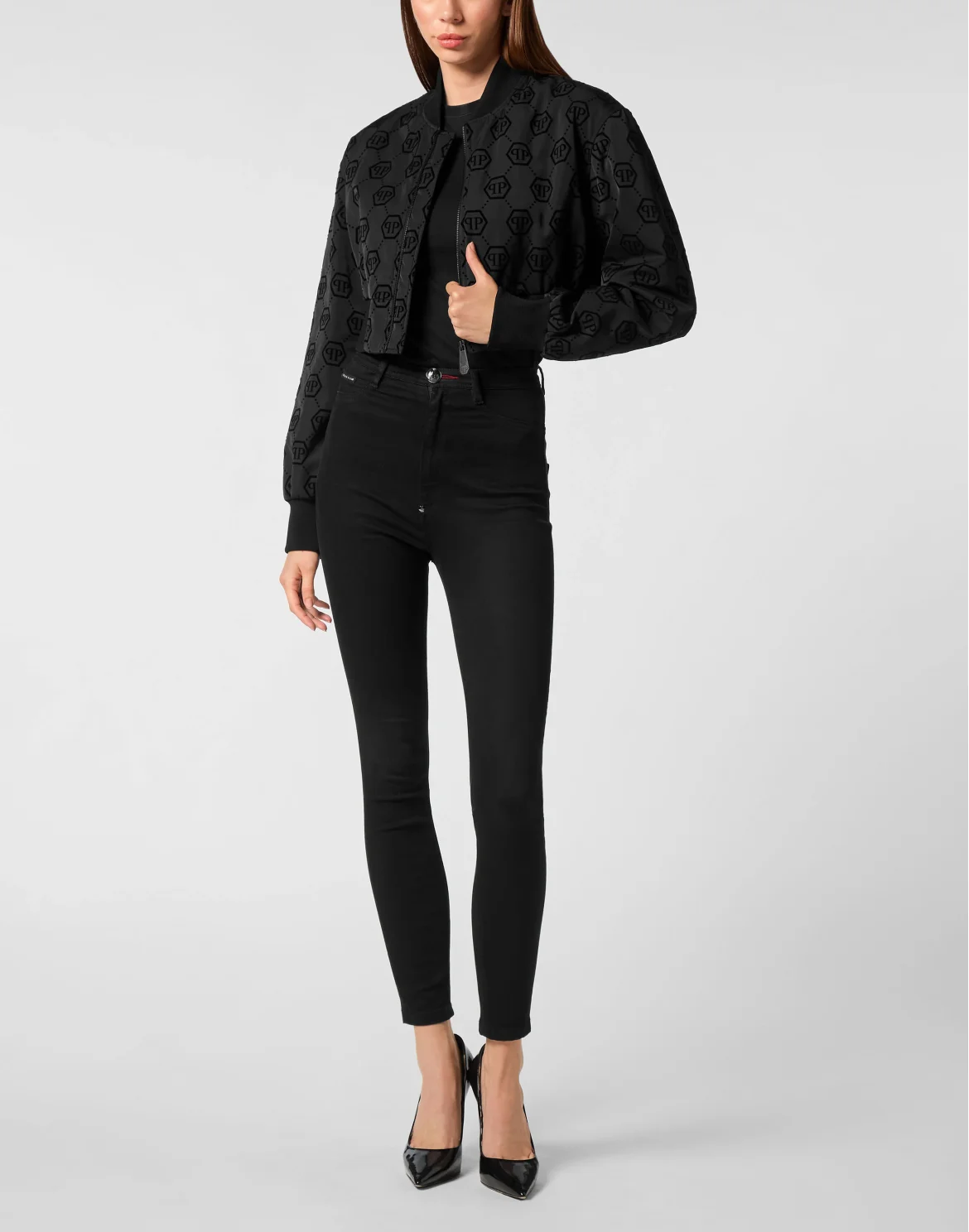 Cropped Bomber Jacket Flock Monogram, цвет: Черный