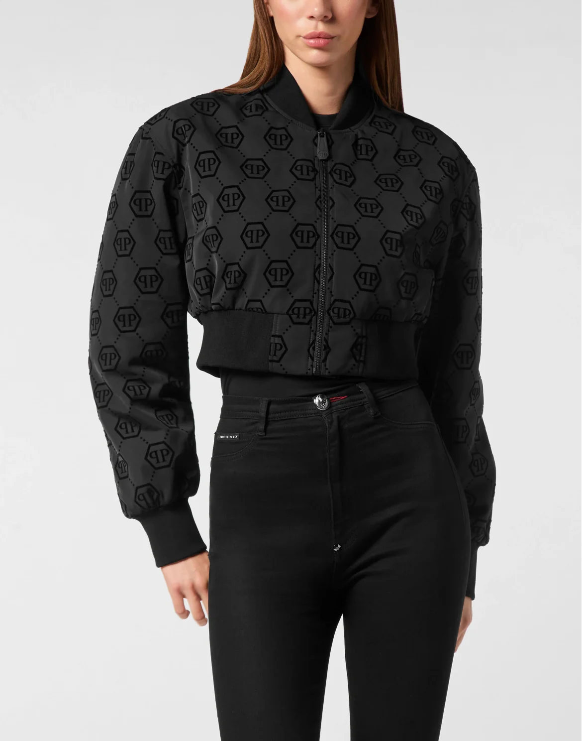 Cropped Bomber Jacket Flock Monogram, цвет: Черный