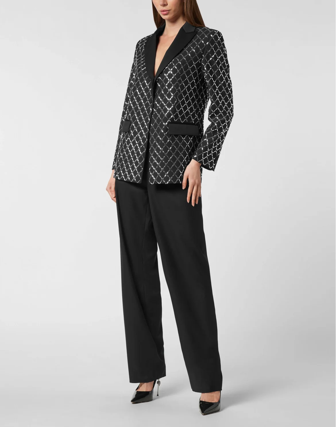Wool and Satin Boyfriend Fit Blazer Crystal Rhombus, цвет: Черный