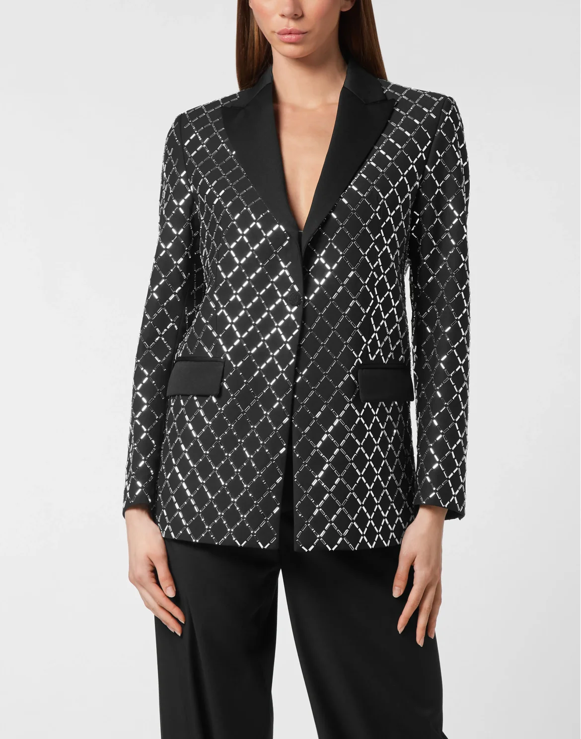 Wool and Satin Boyfriend Fit Blazer Crystal Rhombus, цвет: Черный