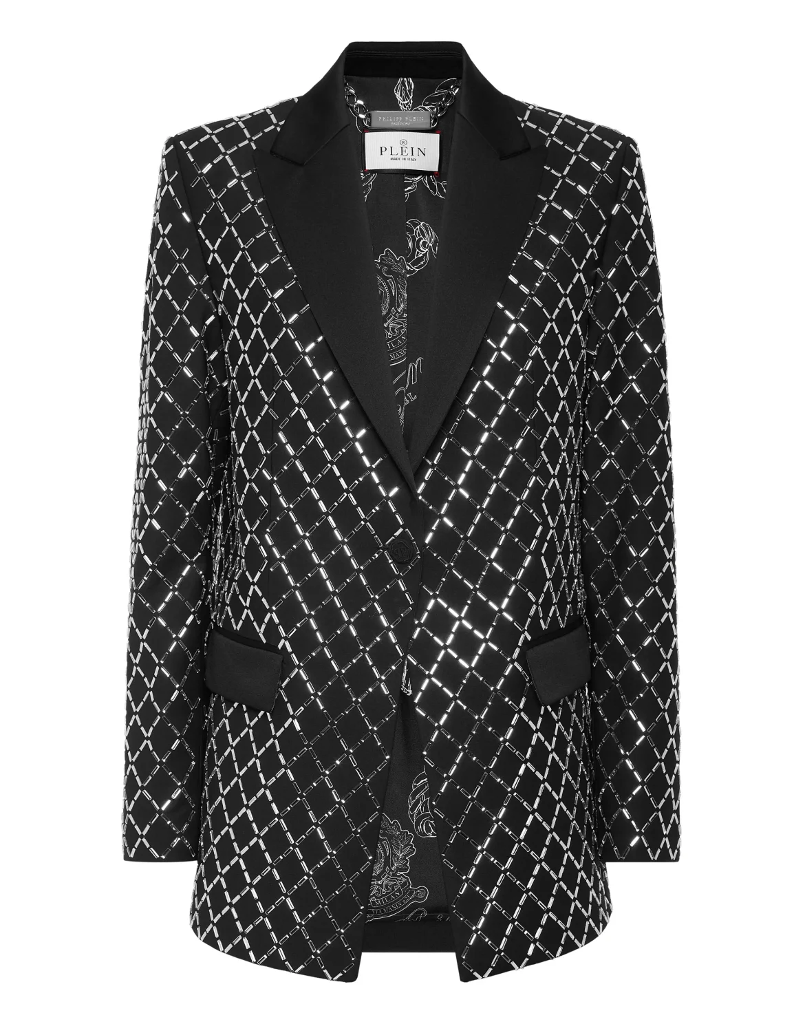 Wool and Satin Boyfriend Fit Blazer Crystal Rhombus, цвет: Черный