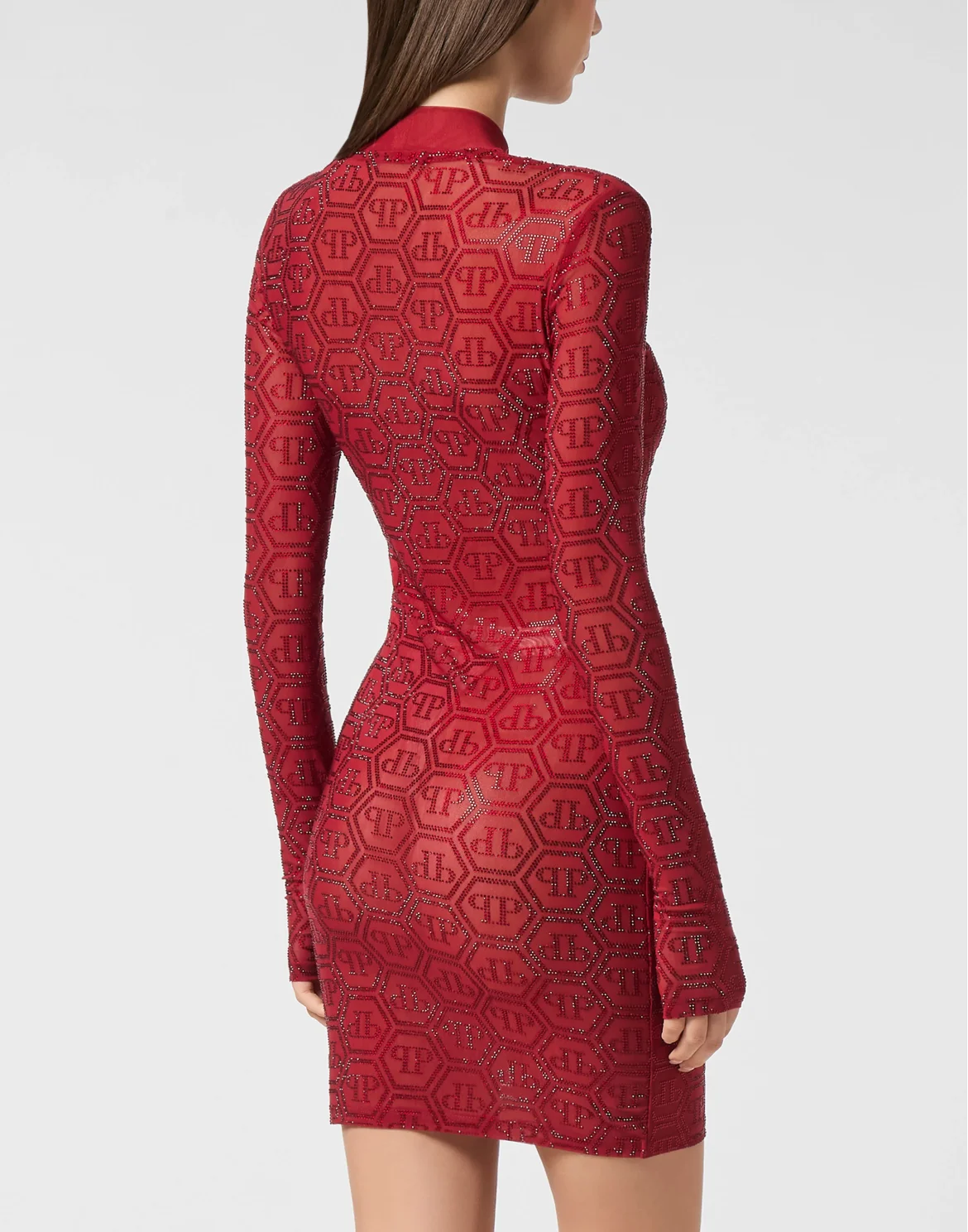 Long Sleeve Mini Dress Monogram Strass, цвет: Красный