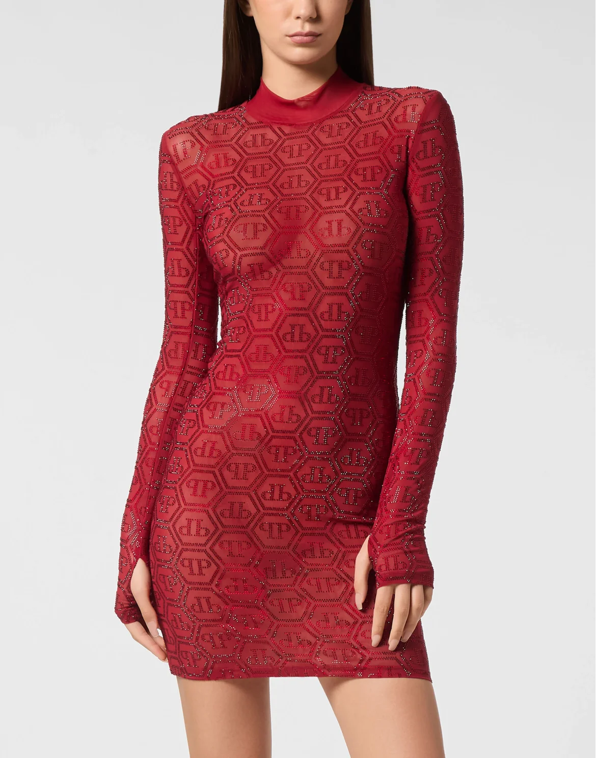 Long Sleeve Mini Dress Monogram Strass, цвет: Красный