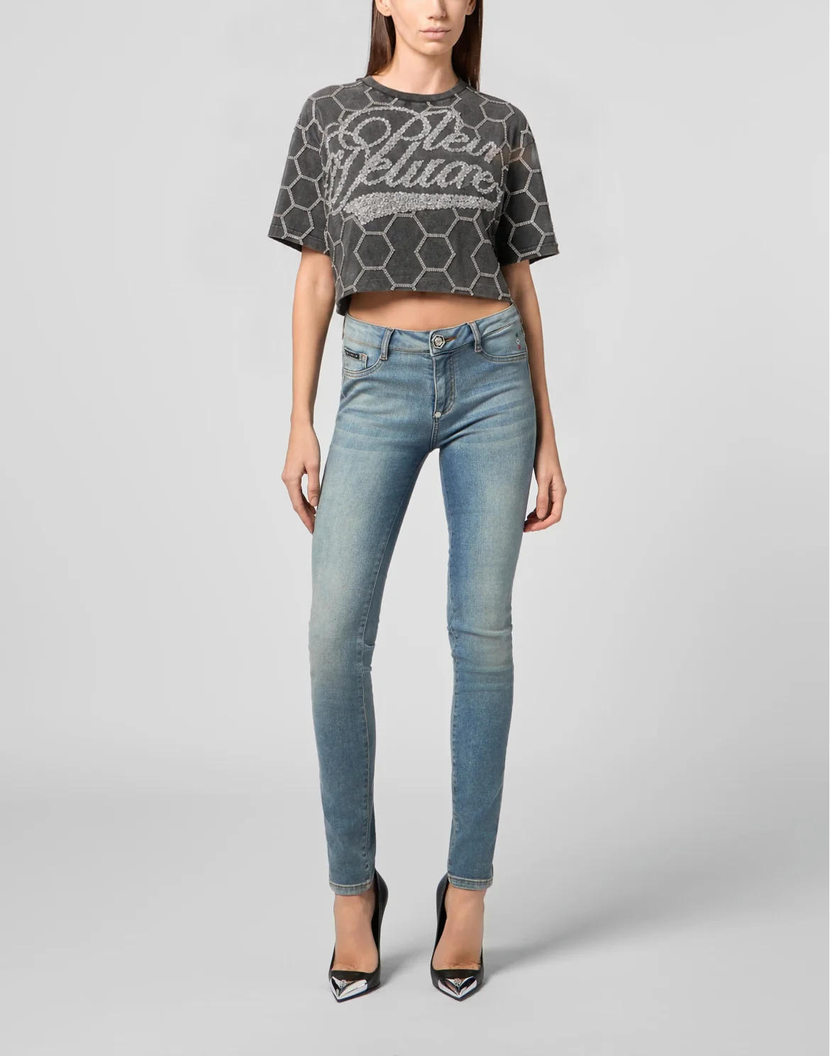 Cropped T-Shirt Plein Deluxe Crystal, цвет: Черный
