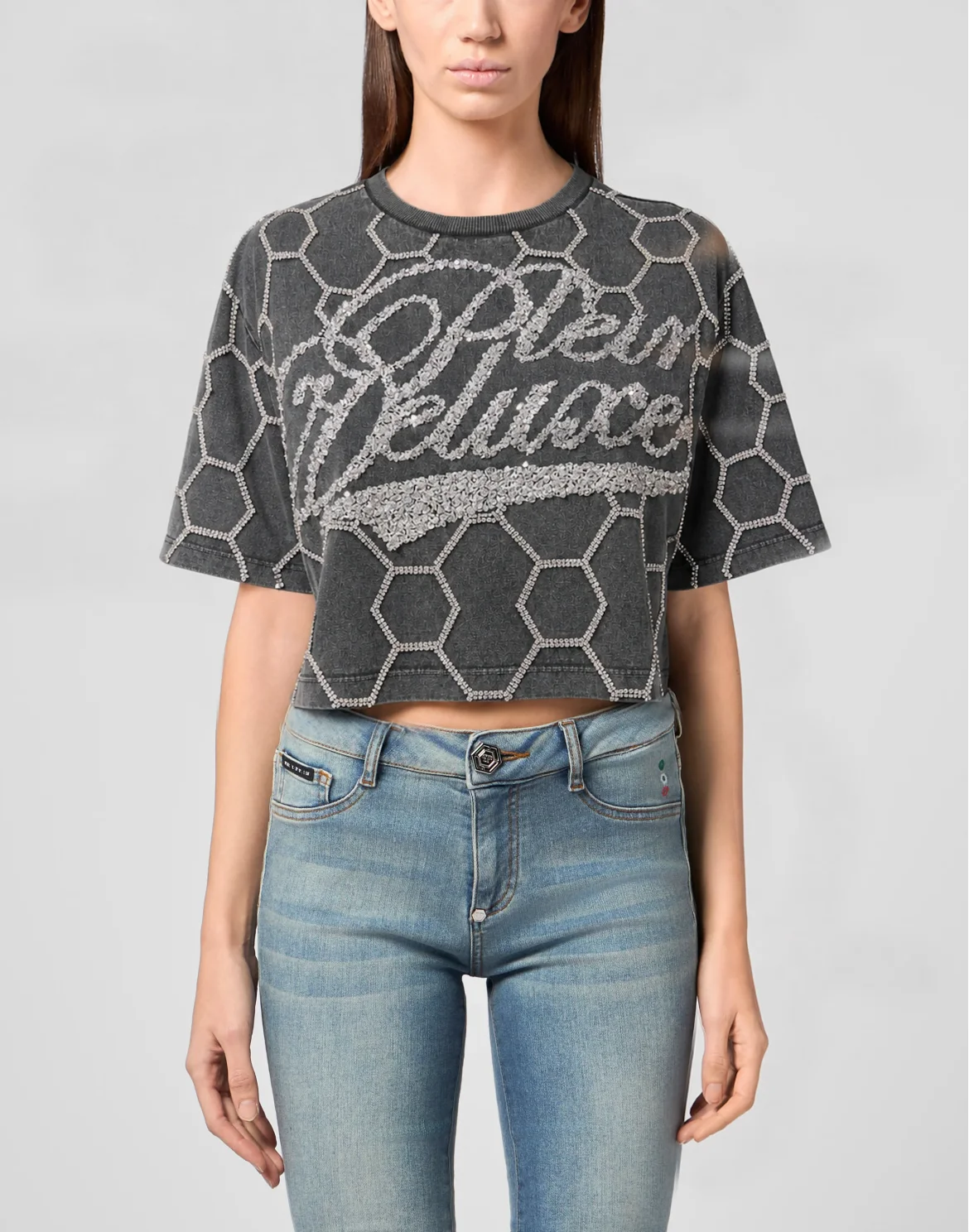 Cropped T-Shirt Plein Deluxe Crystal, цвет: Черный