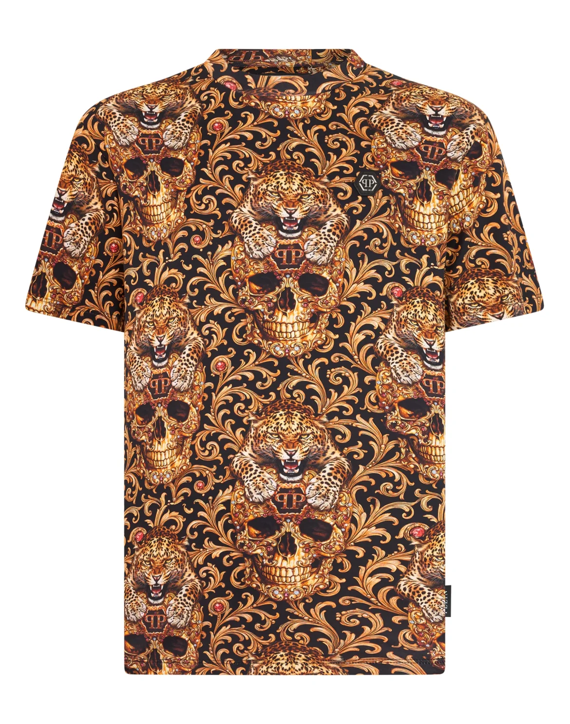 Round Neck T-Shirt All-Over Leopard Skull, цвет: Черный