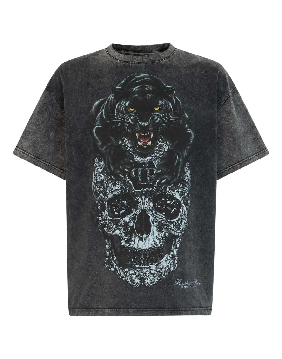 Washed Round Neck T-Shirt Panther Skull, цвет: Черный
