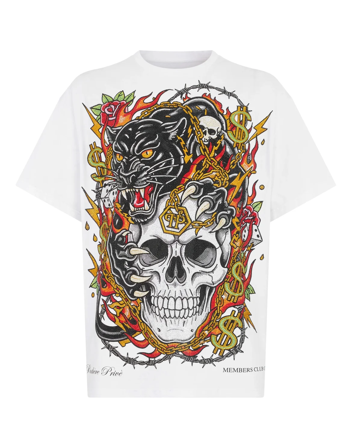 Round Neck T-Shirt Panther Skull Strass, цвет: Белый