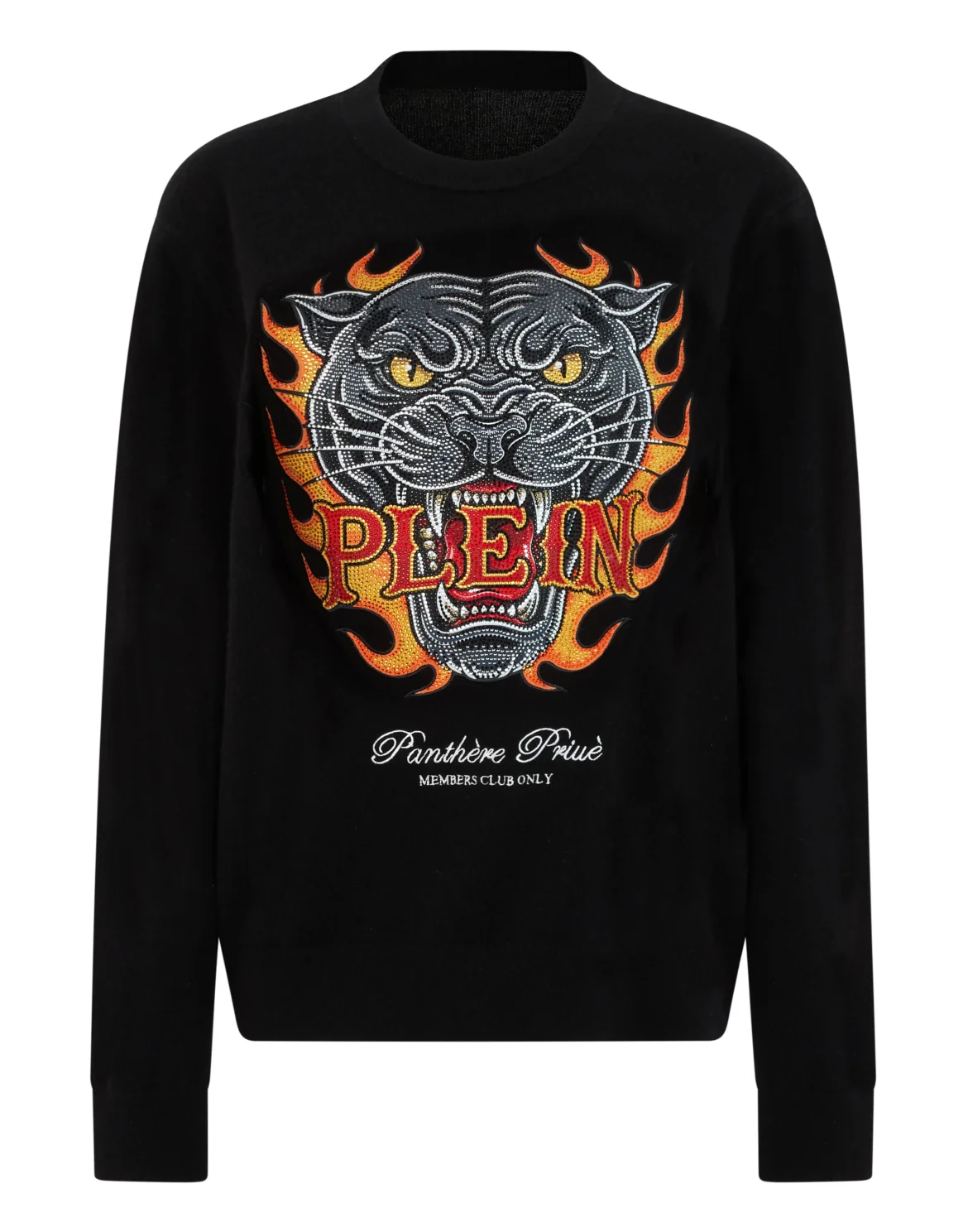 Cashmere Round Neck Pullover Panther Flames Stones, цвет: Черный