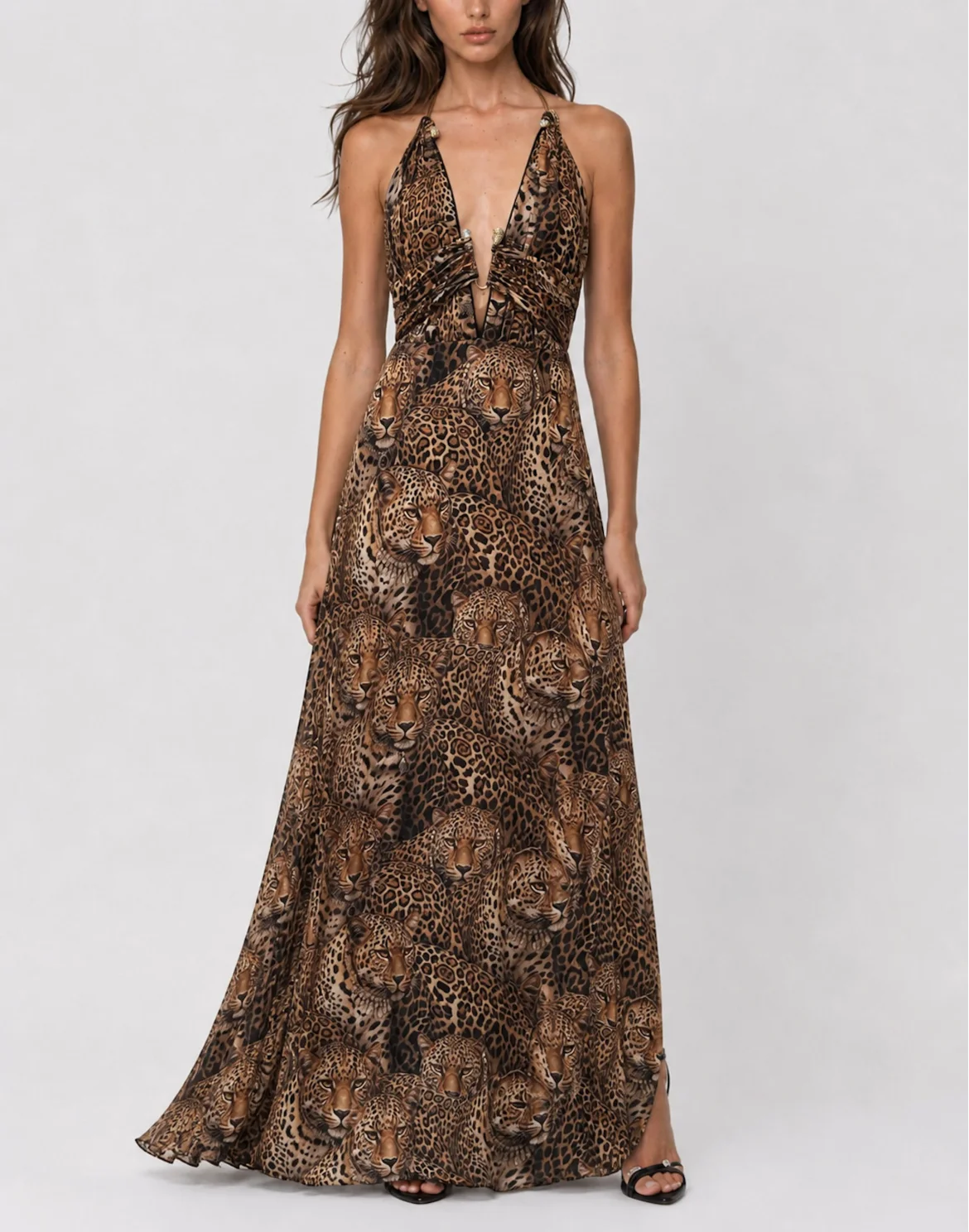 Open Back Piercing Long Dress All-Over Leopard, цвет: Бежевый