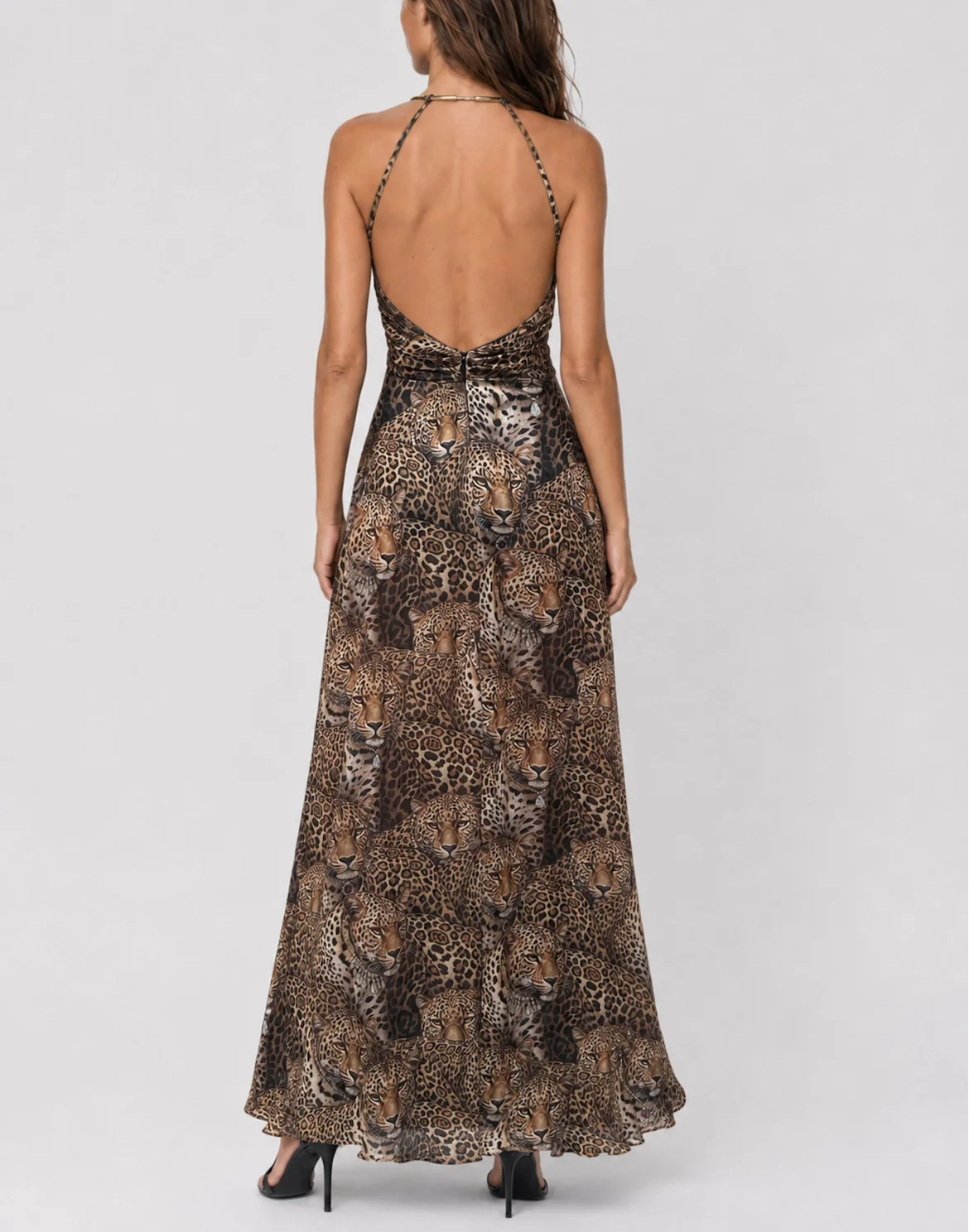 Open Back Piercing Long Dress All-Over Leopard, цвет: Бежевый