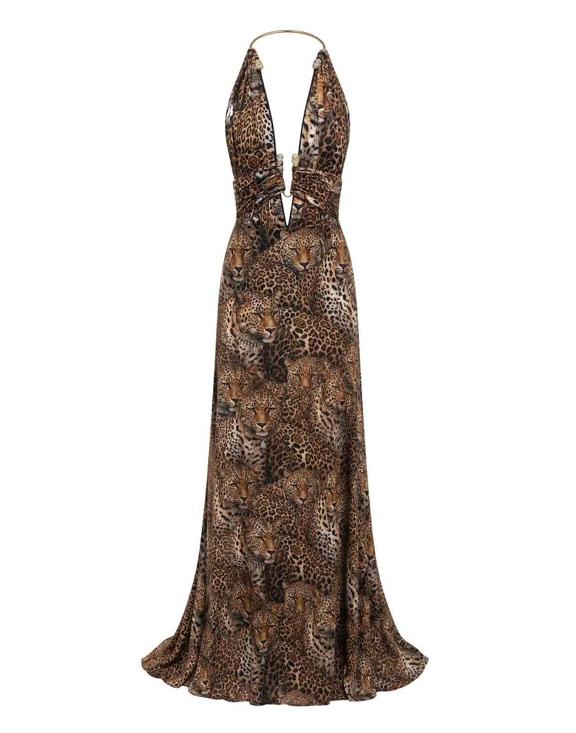 Open Back Piercing Long Dress All-Over Leopard, цвет: Бежевый