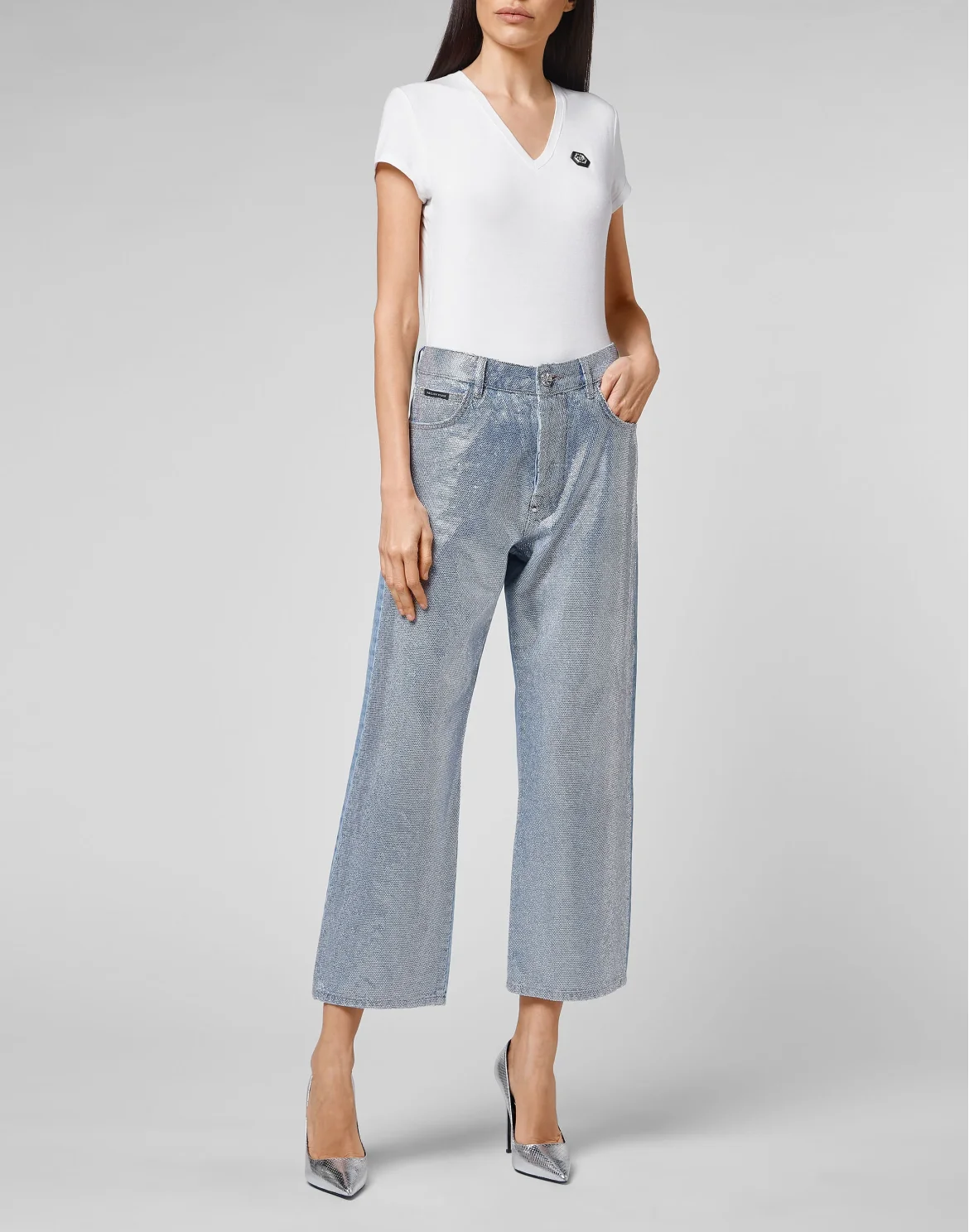 Denim Trousers High Rise Fit Full Crystal, цвет: Голубой