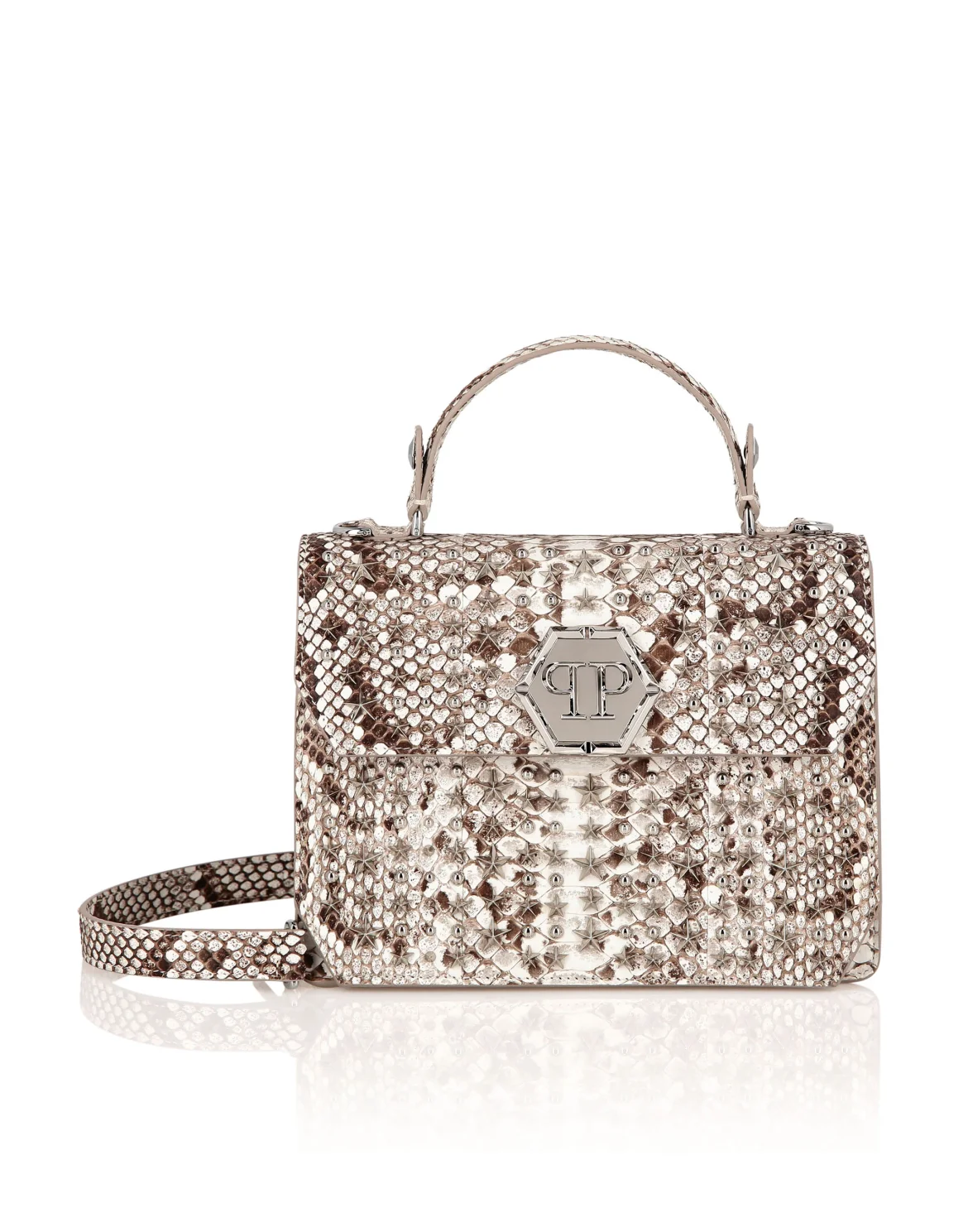 Medium Python Handle Bag Superheroine STUDS, цвет: Бежевый