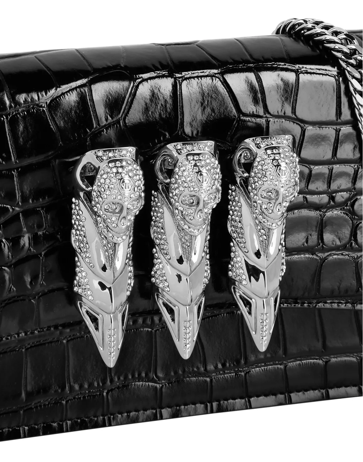 Crocco Embossed Leather Baguette Handle Bag Skull, цвет: Черный