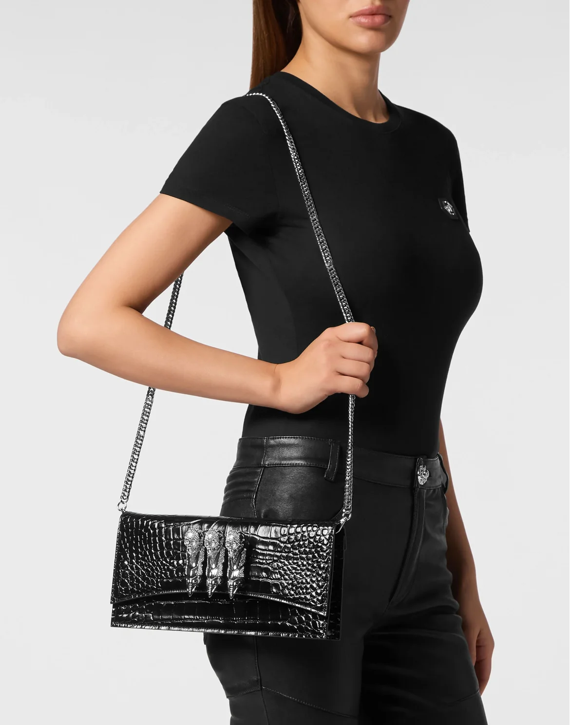 Crocco Embossed Leather Baguette Handle Bag Skull, цвет: Черный