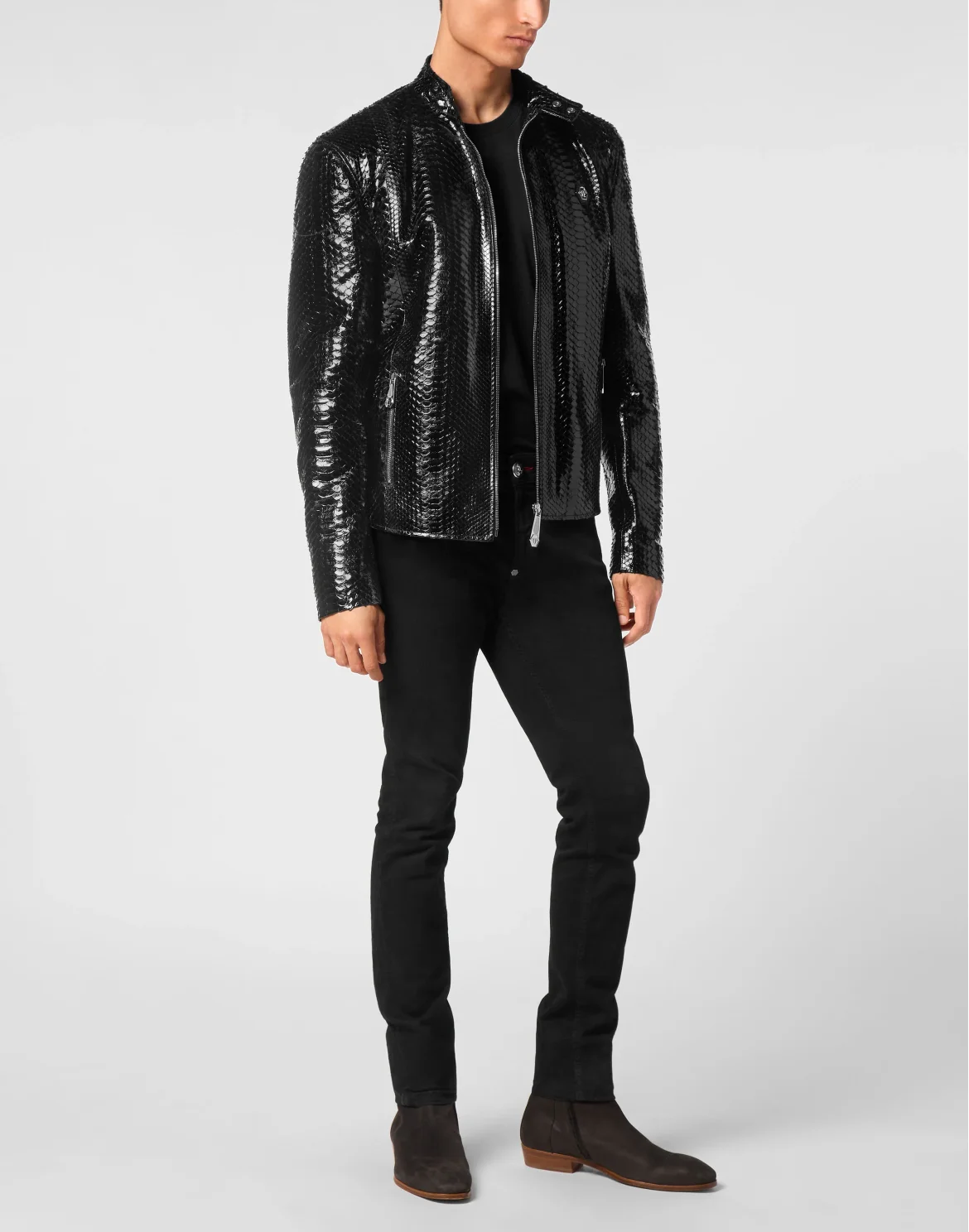 Python Leather Moto Jacket, цвет: Черный