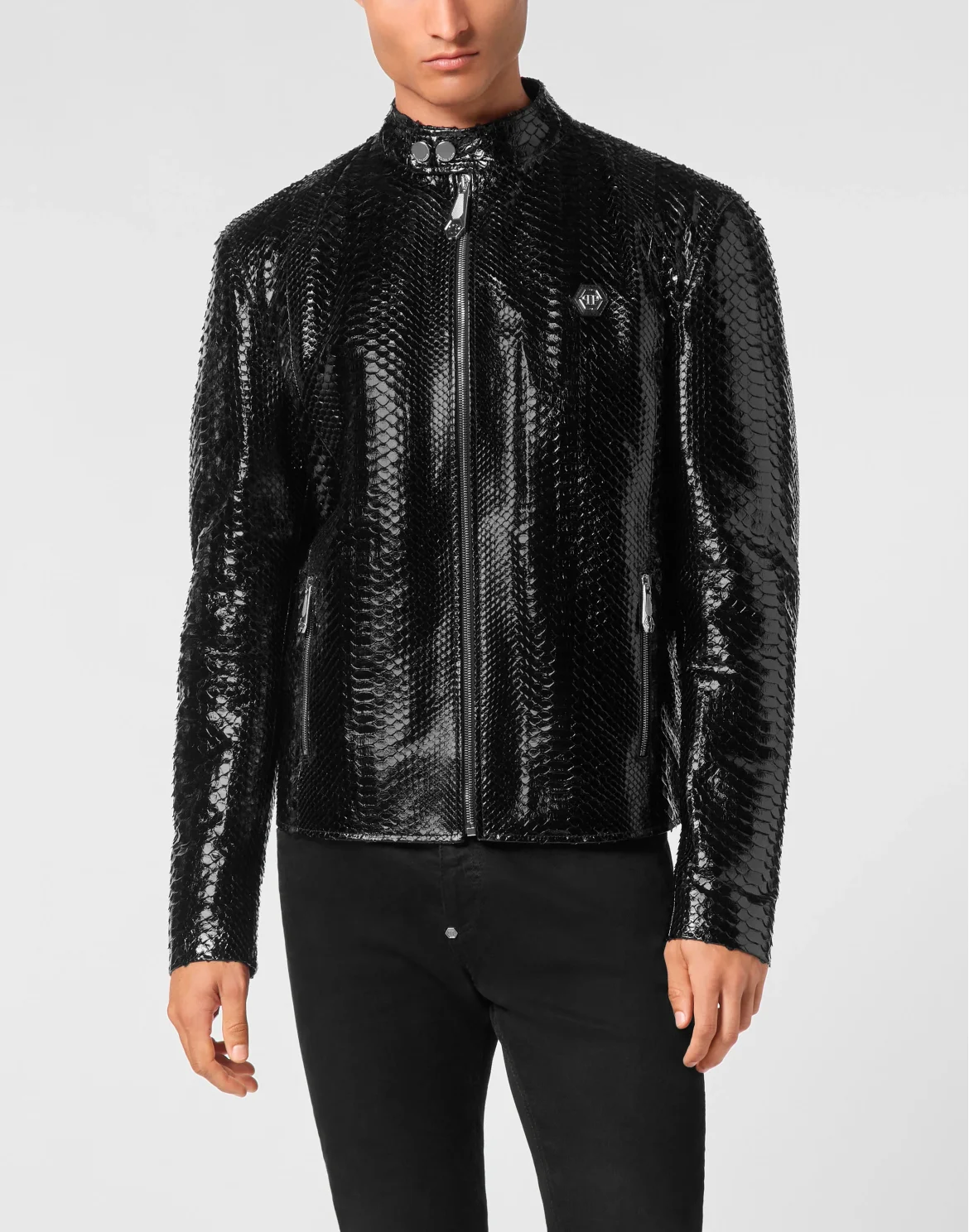 Python Leather Moto Jacket, цвет: Черный